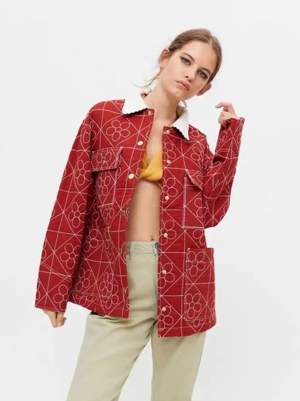 Urban Outfitters Red Quilted Floral-Grid Utility Jacket with White Collar